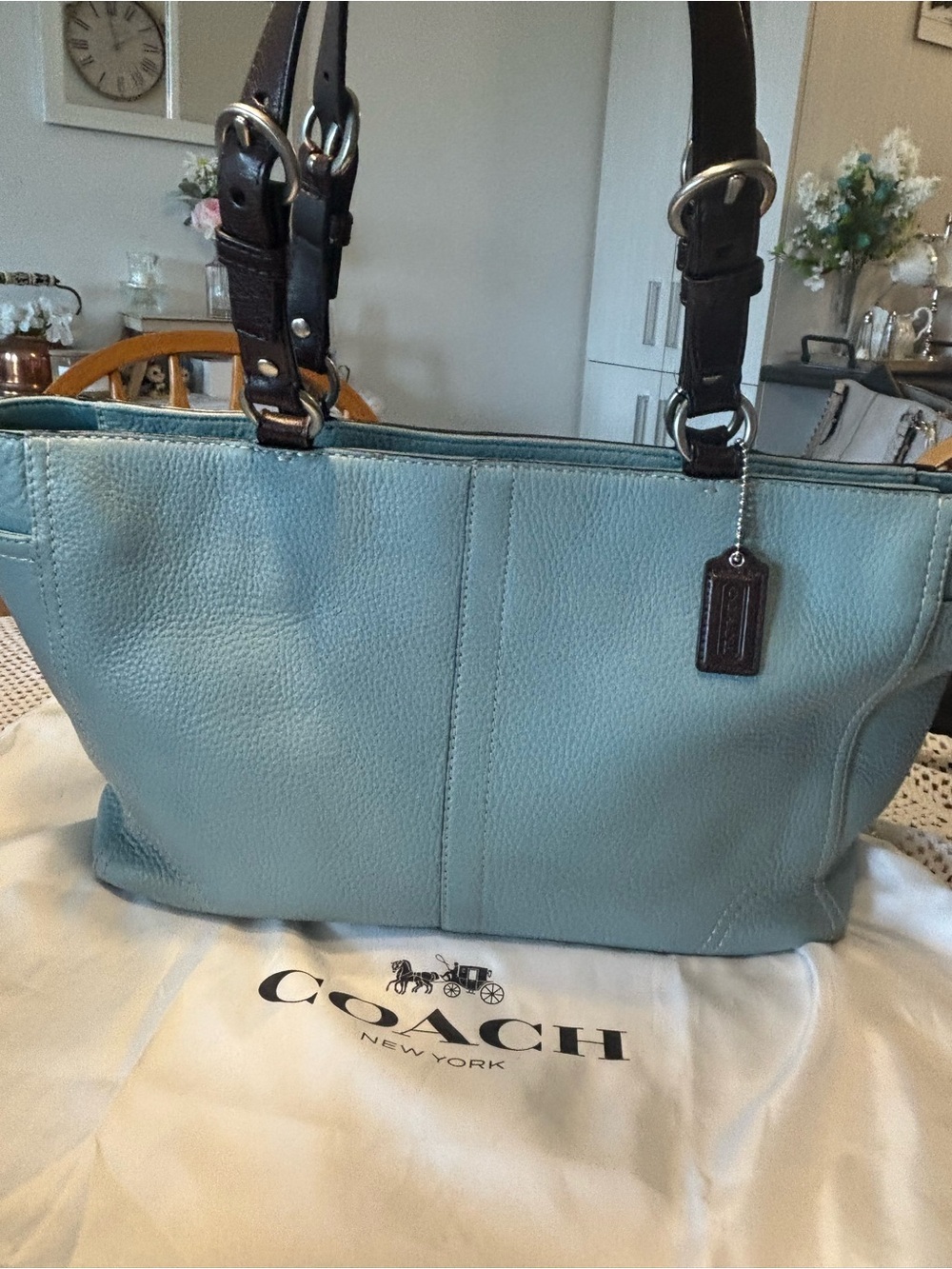 Vintage Coach Pebbled Leather Shoulder Tote in Light Blue Turquoise and Brown